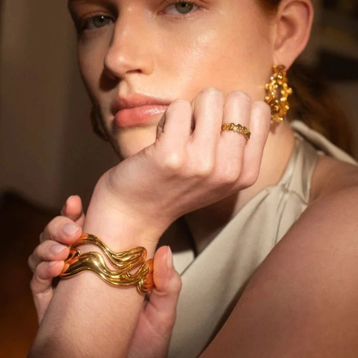 Uworld Waterproof 316l Stainless Steel Irregular Exaggerated Big Cuff Bracelet Bangle Stylish Unique Design Golden Charm SK Accessories