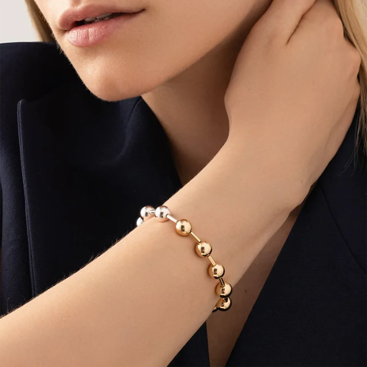 Uworld Stainless Steel Chain Beaded Bangle Bracelet Trendy 18 K PVD Plated Metal Texture Bracelet Waterproof Jewelry браслеты SK Accessories