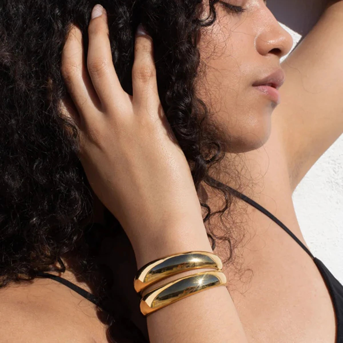 Uworld Stainless Steel Statement Gold Color Cuff Bracelet Bangle Metal Texture Multi-Layer Temperament Fashion Waterproof Jewelr SK Accessories