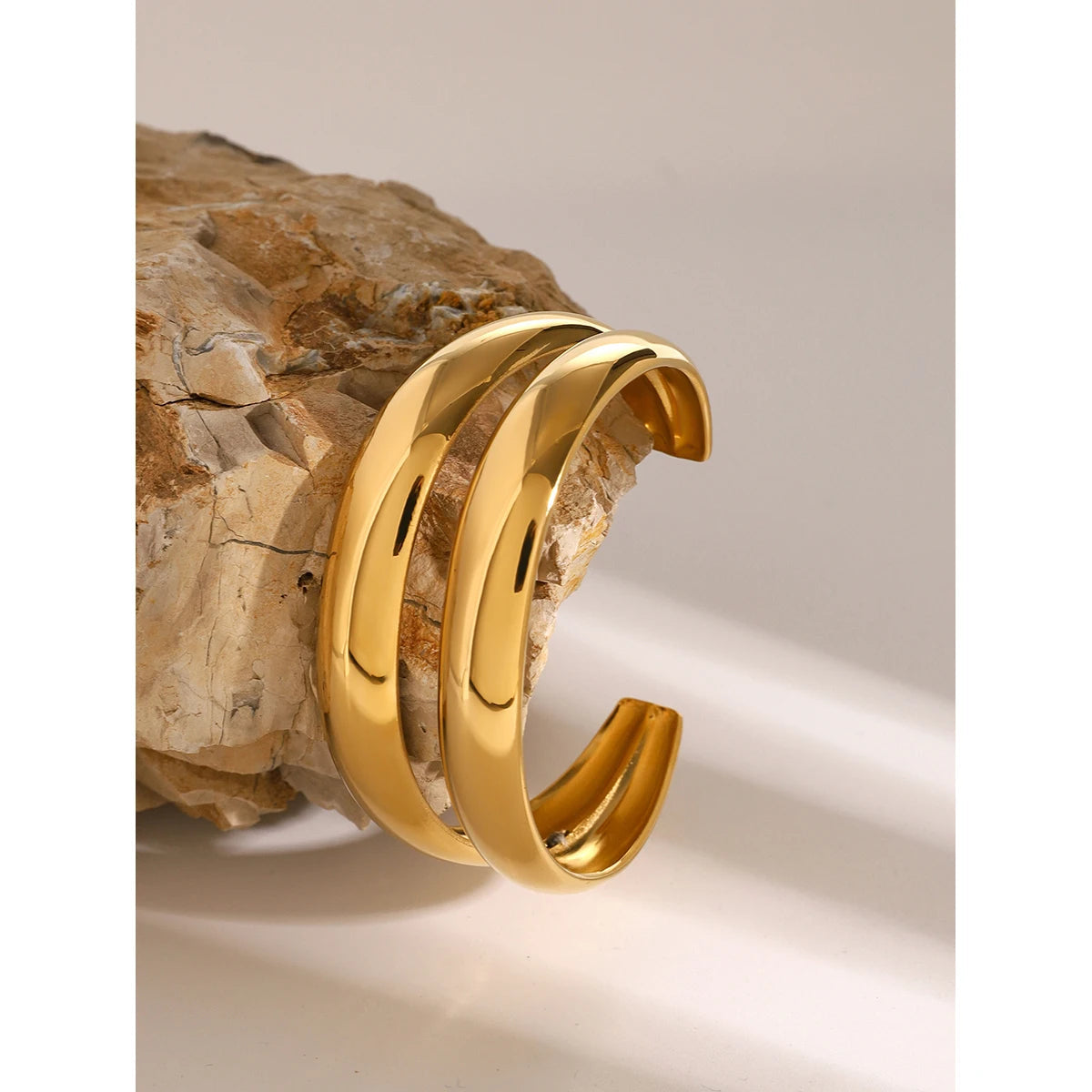 Uworld Stainless Steel Statement Gold Color Cuff Bracelet Bangle Metal Texture Multi-Layer Temperament Fashion Waterproof Jewelr SK Accessories