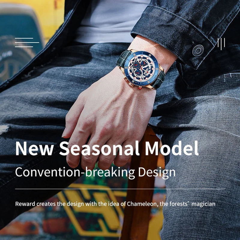 REWARD Fashion Men's Quartz Wristwatch Sport Waterpoof Genuine Leather Alloy Watches Chronograph Luminous Man Wrist Watches SK Accessories