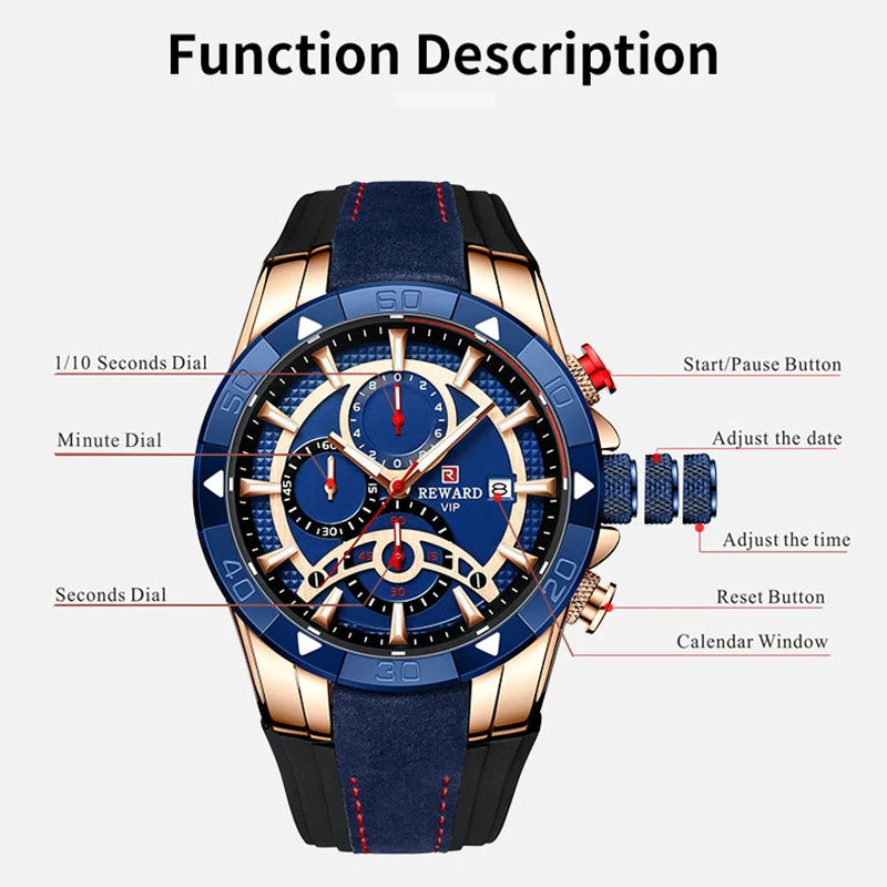 REWARD Fashion Men Quartz Wristwatch Silicone Band Alloy Case Waterproof Watches Luminous Chronograph Date Wrist Watches SK Accessories