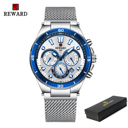 REWARD Casual Sport Chronograph Men's Watches Top Brand Stainless Steel Mesh Belt Quartz Wristwatches Men Waterproof Date Watch SK Accessories