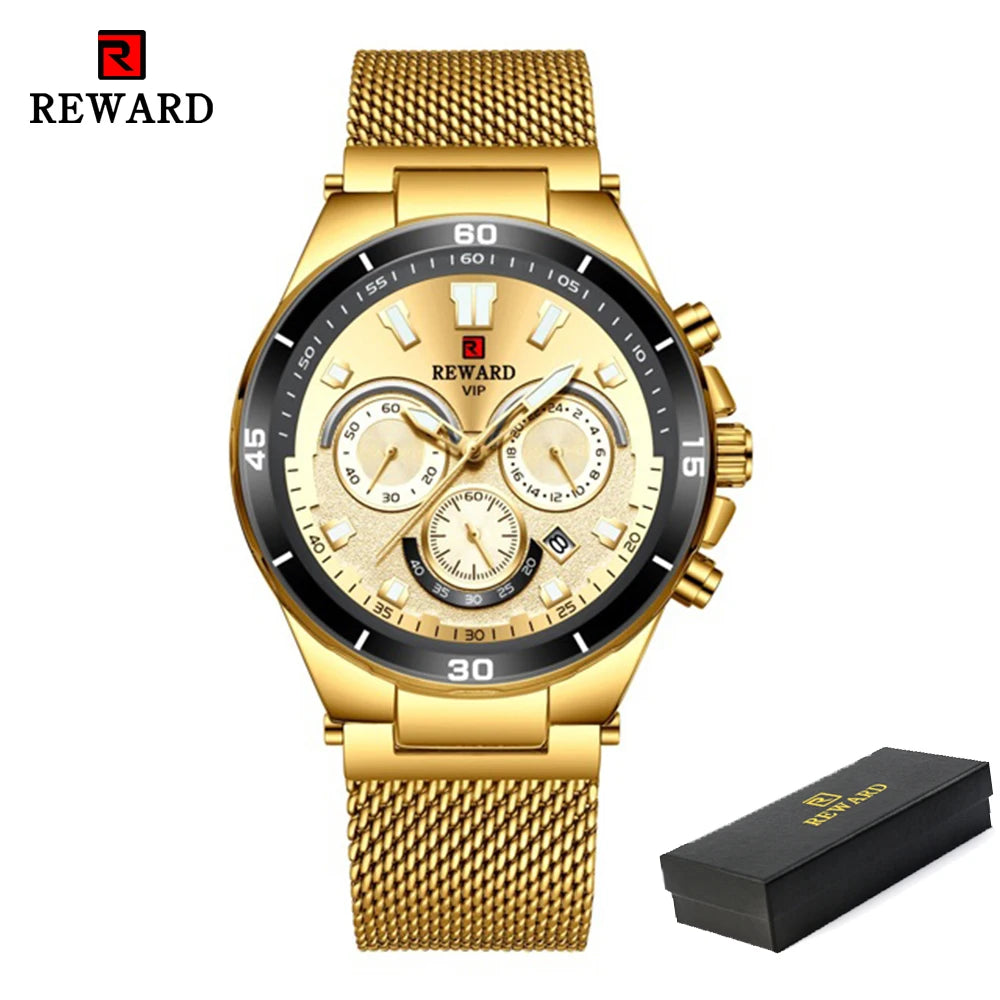 REWARD Casual Sport Chronograph Men's Watches Top Brand Stainless Steel Mesh Belt Quartz Wristwatches Men Waterproof Date Watch SK Accessories