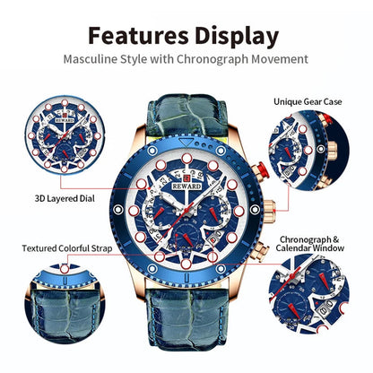 REWARD Fashion Men's Quartz Wristwatch Sport Waterpoof Genuine Leather Alloy Watches Chronograph Luminous Man Wrist Watches SK Accessories