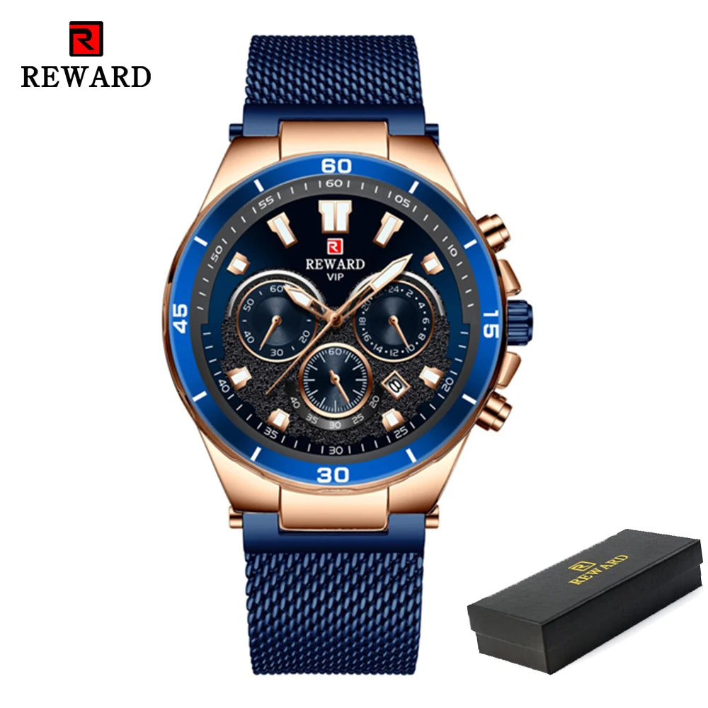 REWARD Casual Sport Chronograph Men's Watches Top Brand Stainless Steel Mesh Belt Quartz Wristwatches Men Waterproof Date Watch SK Accessories