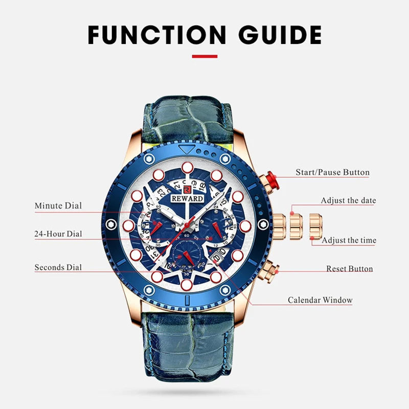 REWARD Fashion Men's Quartz Wristwatch Sport Waterpoof Genuine Leather Alloy Watches Chronograph Luminous Man Wrist Watches SK Accessories