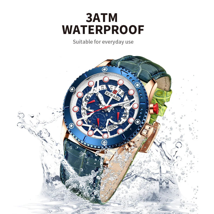 REWARD Fashion Men's Quartz Wristwatch Sport Waterpoof Genuine Leather Alloy Watches Chronograph Luminous Man Wrist Watches SK Accessories