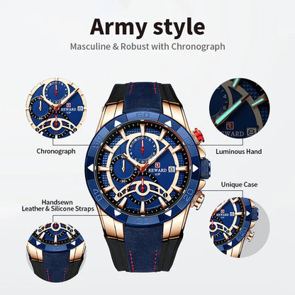 REWARD Fashion Men Quartz Wristwatch Silicone Band Alloy Case Waterproof Watches Luminous Chronograph Date Wrist Watches SK Accessories