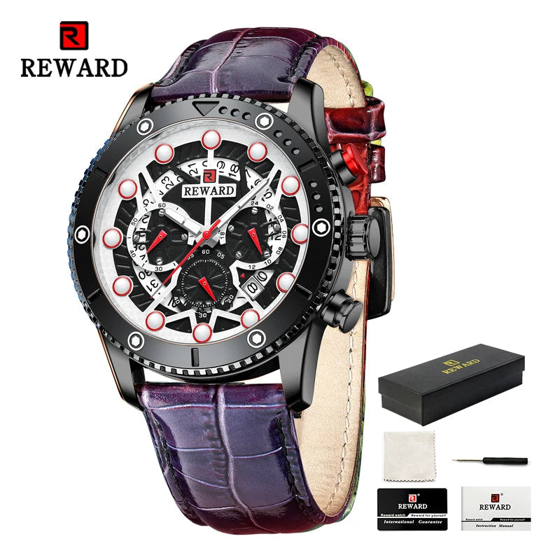REWARD Fashion Men's Quartz Wristwatch Sport Waterpoof Genuine Leather Alloy Watches Chronograph Luminous Man Wrist Watches SK Accessories