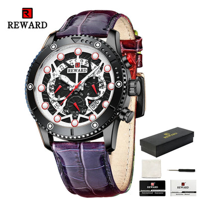 REWARD Fashion Men's Quartz Wristwatch Sport Waterpoof Genuine Leather Alloy Watches Chronograph Luminous Man Wrist Watches SK Accessories