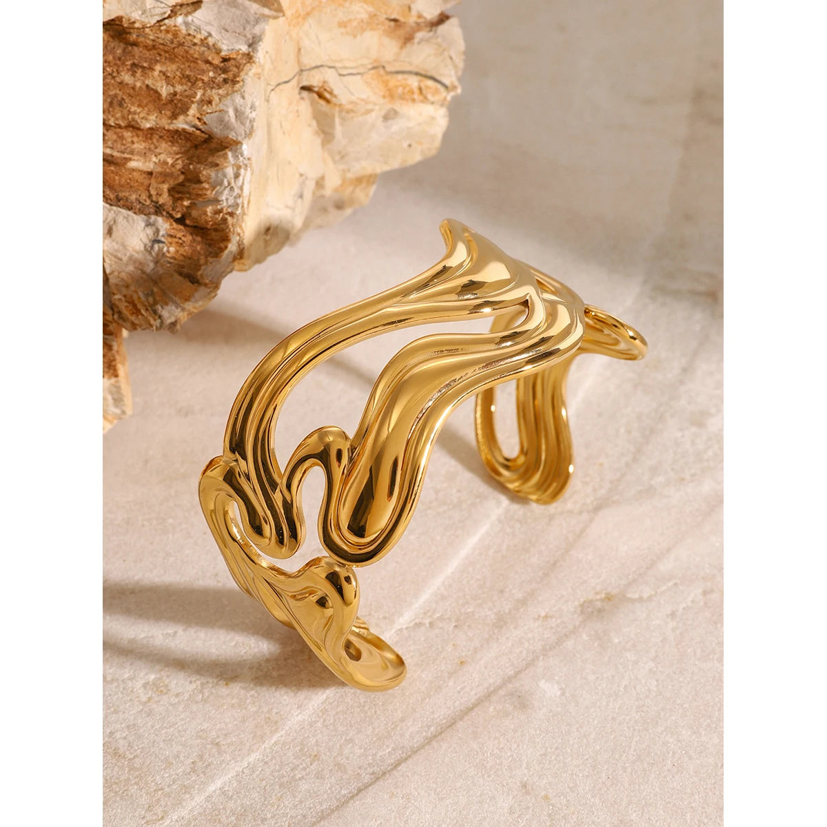 Uworld Waterproof 316l Stainless Steel Irregular Exaggerated Big Cuff Bracelet Bangle Stylish Unique Design Golden Charm SK Accessories