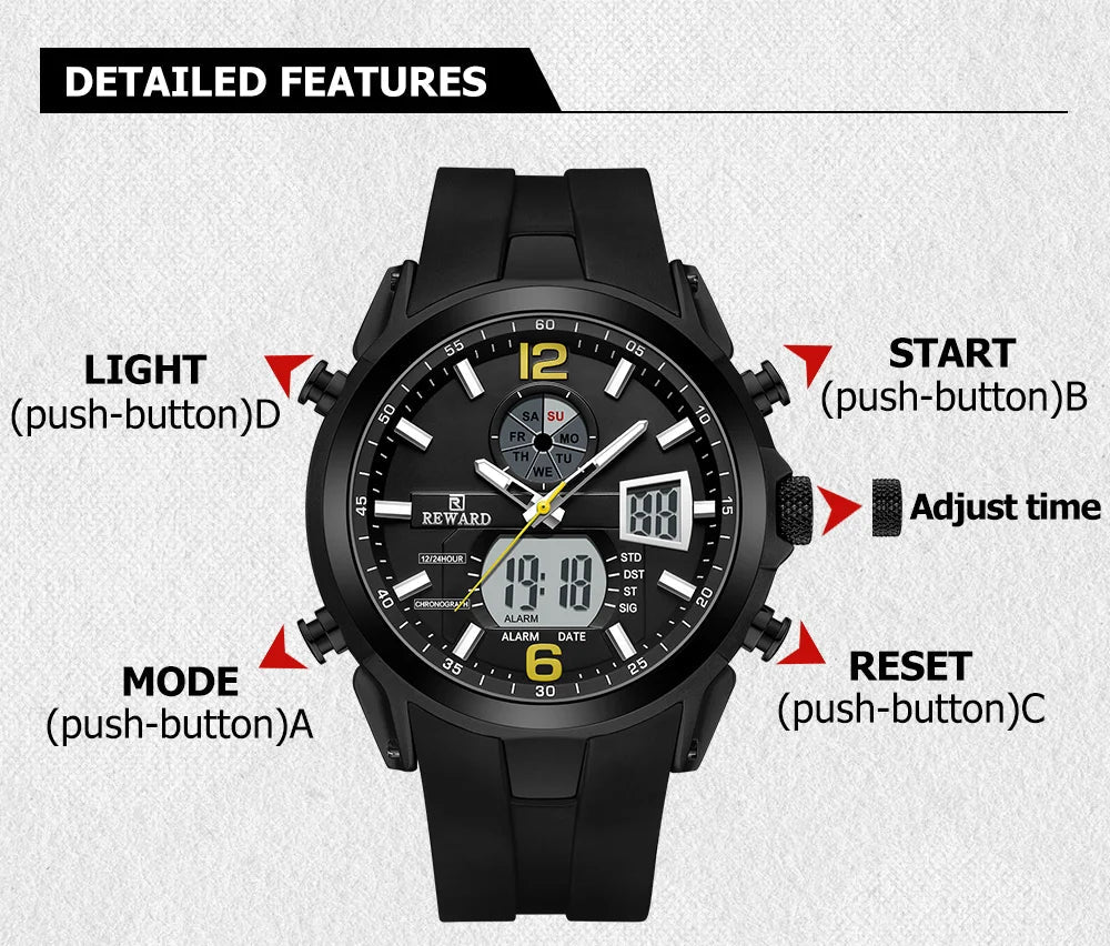 REWARD digital men quartz watch multi function date stopwatch silicone strap waterproof fashion sport digital watches man SK Accessories
