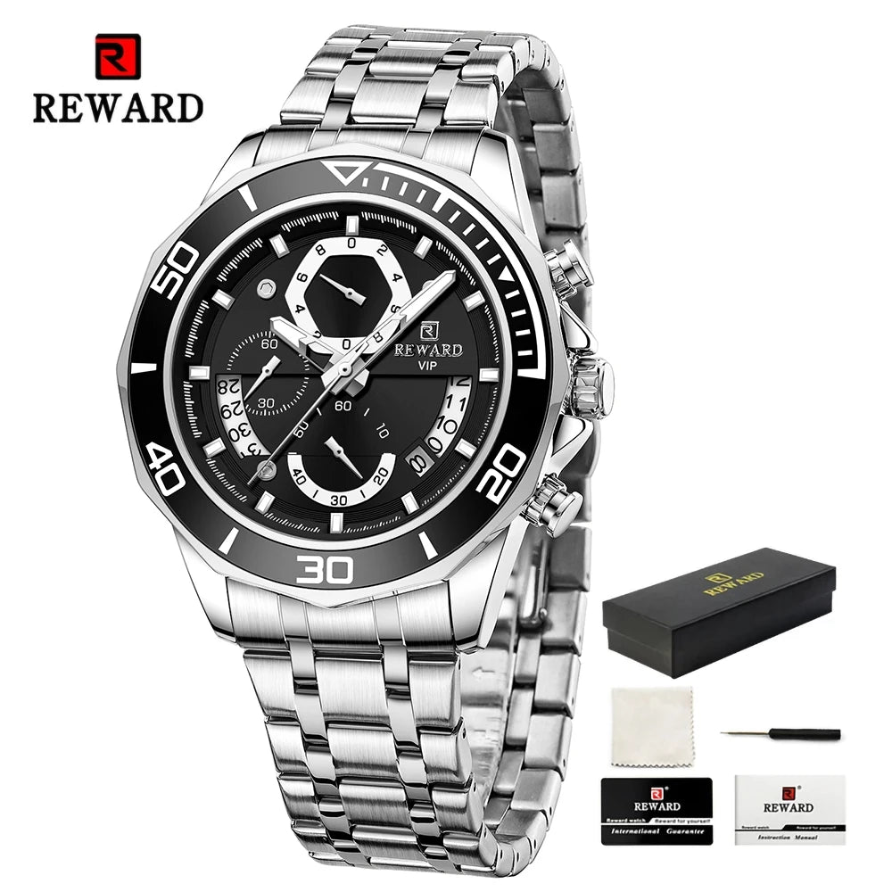 REWARD Mens Watches Fashion Business Stainless Steel Wristwatch Waterproof Luminous Chronograph Calendar Quartz Watches SK Accessories