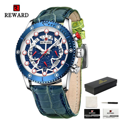 REWARD Fashion Men's Quartz Wristwatch Sport Waterpoof Genuine Leather Alloy Watches Chronograph Luminous Man Wrist Watches SK Accessories