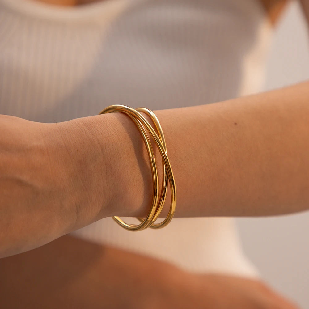 Uworld Stainless Steel Statement Gold Color Cuff Bracelet Bangle Metal Texture Multi-Layer Temperament Fashion Waterproof Jewelr SK Accessories