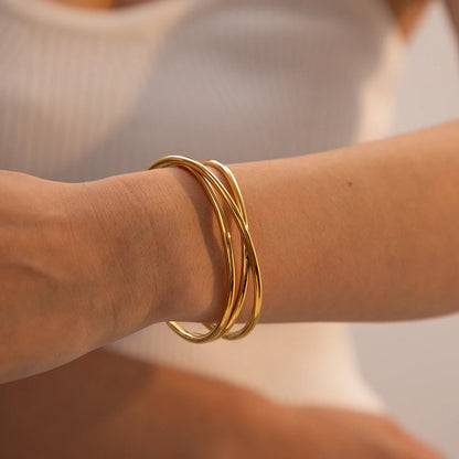 Uworld Stainless Steel Statement Gold Color Cuff Bracelet Bangle Metal Texture Multi-Layer Temperament Fashion Waterproof Jewelr SK Accessories