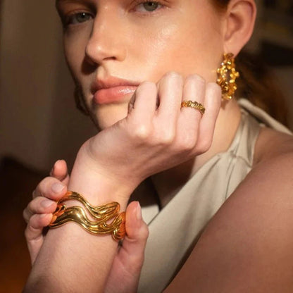 Uworld Waterproof 316l Stainless Steel Irregular Exaggerated Big Cuff Bracelet Bangle Stylish Unique Design Golden Charm SK Accessories