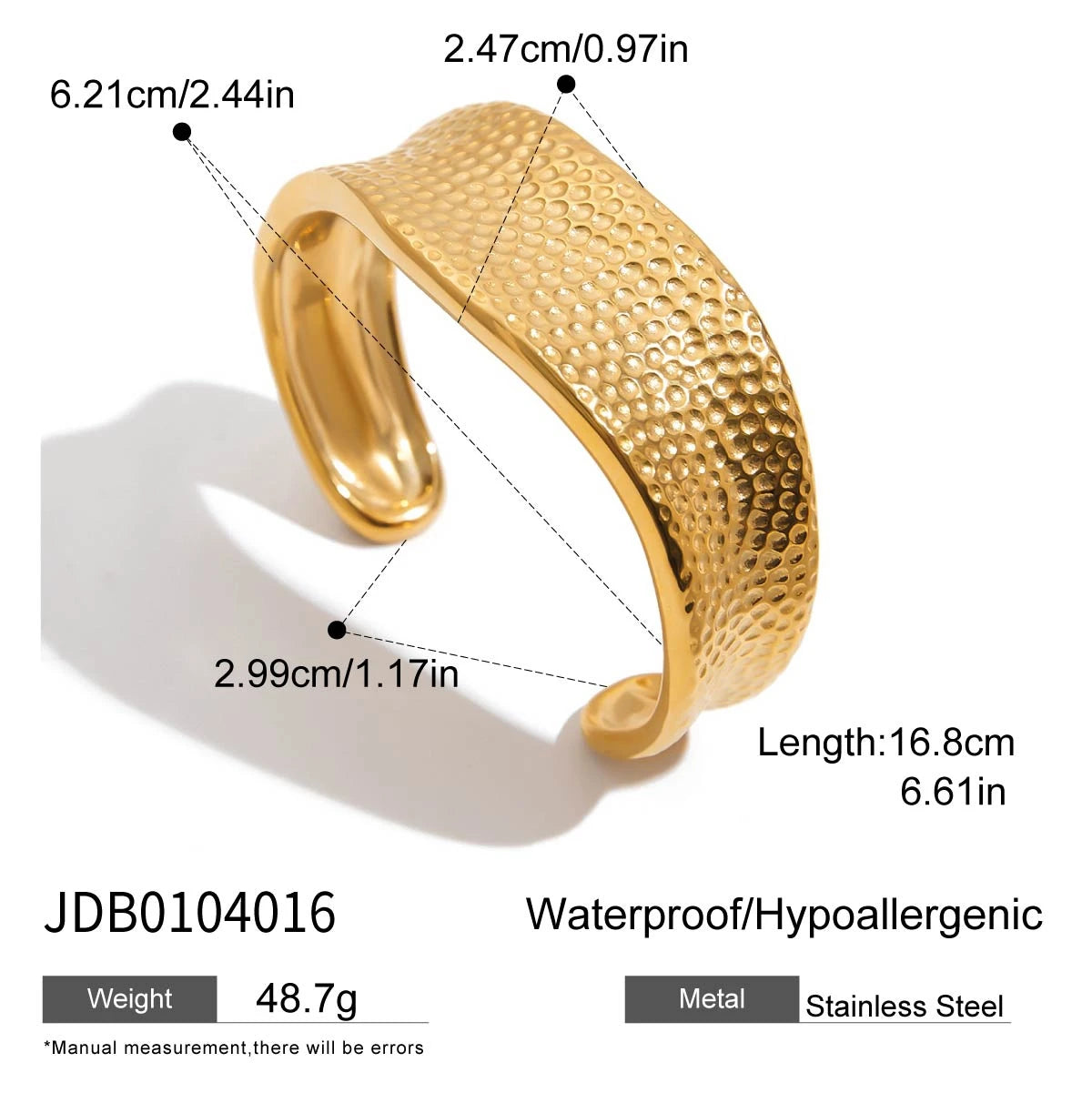 Uworld Fashion 18K Gold Color Stainless Steel Hammer Pattern Concave Opening Bracelet Wide Face Bracelet Women's Jewelry Gift fo SK Accessories