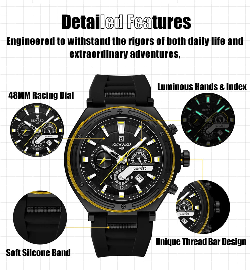 REWARD new watch for men ultra big case silicone sport quartz watches luminous hands 3bar waterproof mens writstwatch SK Accessories