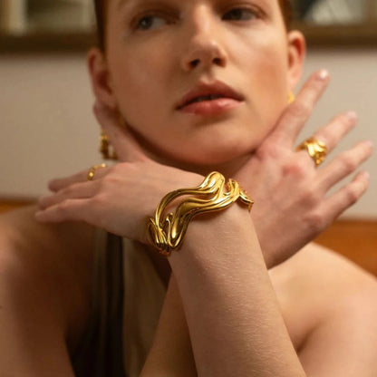 Uworld Waterproof 316l Stainless Steel Irregular Exaggerated Big Cuff Bracelet Bangle Stylish Unique Design Golden Charm SK Accessories