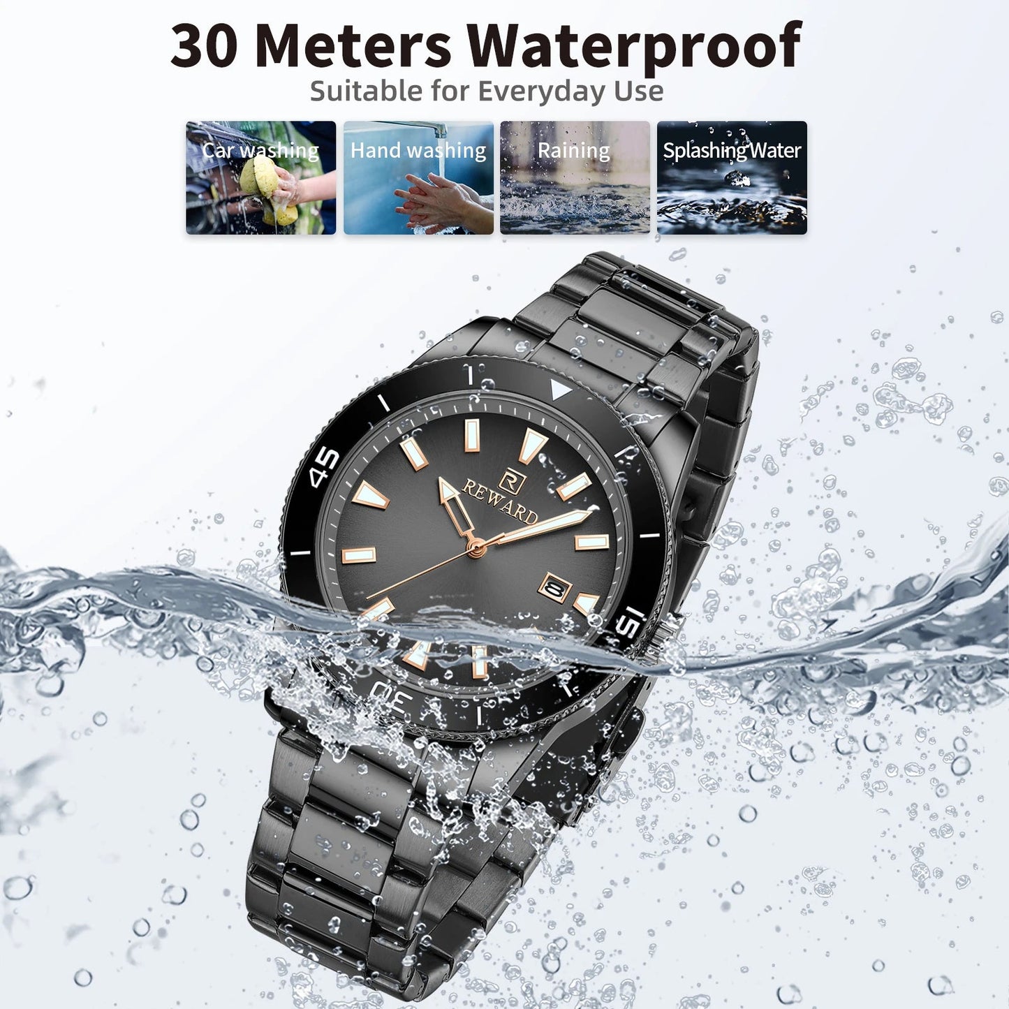 REWARD Quartz Watch for Mens Stylish Stainless Steel Japan Movement Waterproof Anti-Scratch Analog Date Business Wrist Watches SK Accessories
