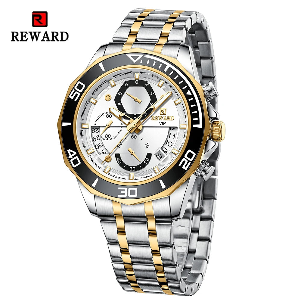 REWARD Mens Watches Fashion Business Stainless Steel Wristwatch Waterproof Luminous Chronograph Calendar Quartz Watches SK Accessories