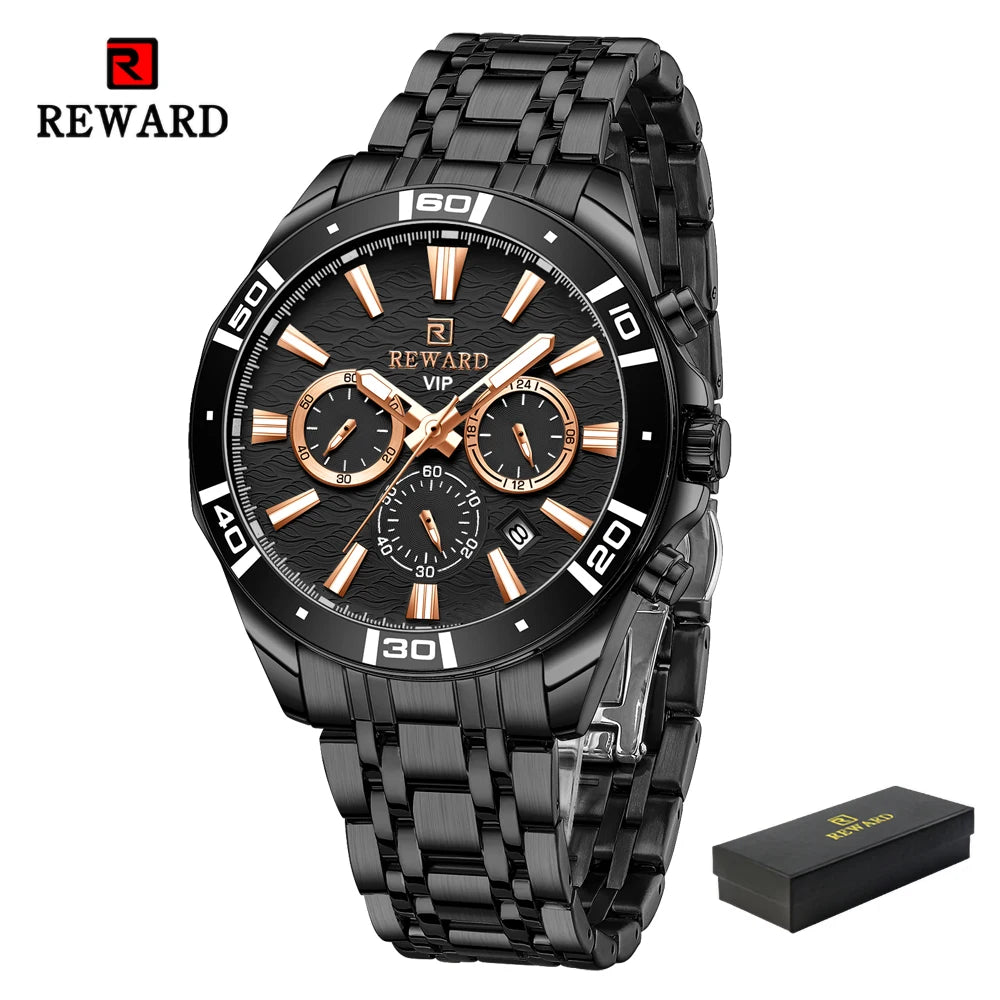 REWARD Mens Watches Waterproof  Luminous Quartz Wristwatch Business Stainless Steel Strap with gift box SK Accessories