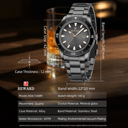 REWARD Quartz Watch for Mens Stylish Stainless Steel Japan Movement Waterproof Anti-Scratch Analog Date Business Wrist Watches SK Accessories