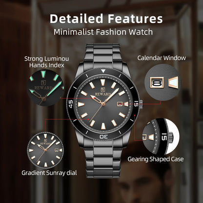 REWARD Quartz Watch for Mens Stylish Stainless Steel Japan Movement Waterproof Anti-Scratch Analog Date Business Wrist Watches SK Accessories