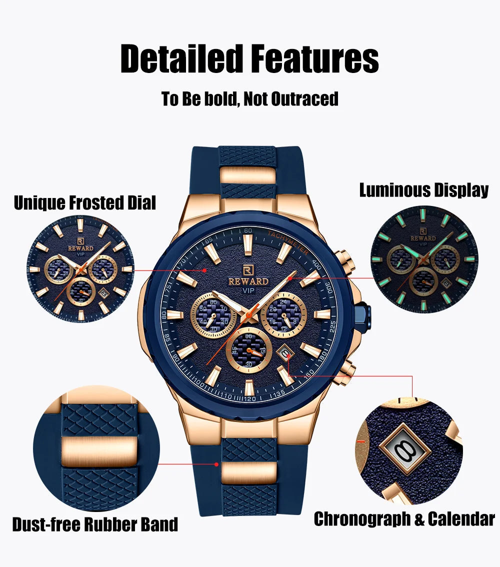 REWARD new fashion men's watch silicone strap chronograph 3bar waterproof sport quartz watch for men SK Accessories