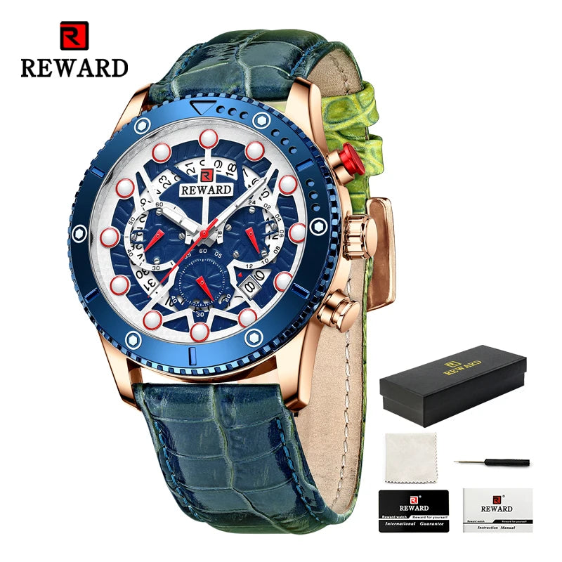 REWARD Fashion Men's Quartz Wristwatch Sport Waterpoof Genuine Leather Alloy Watches Chronograph Luminous Man Wrist Watches SK Accessories