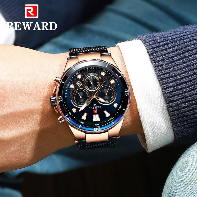 REWARD Casual Sport Chronograph Men's Watches Top Brand Stainless Steel Mesh Belt Quartz Wristwatches Men Waterproof Date Watch SK Accessories