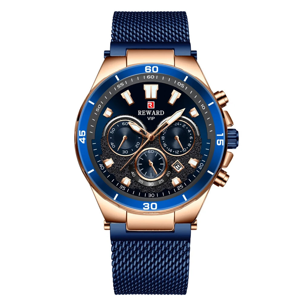 REWARD Casual Sport Chronograph Men's Watches Top Brand Stainless Steel Mesh Belt Quartz Wristwatches Men Waterproof Date Watch SK Accessories