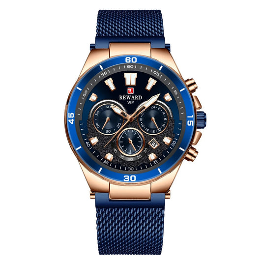 REWARD Casual Sport Chronograph Men's Watches Top Brand Stainless Steel Mesh Belt Quartz Wristwatches Men Waterproof Date Watch SK Accessories