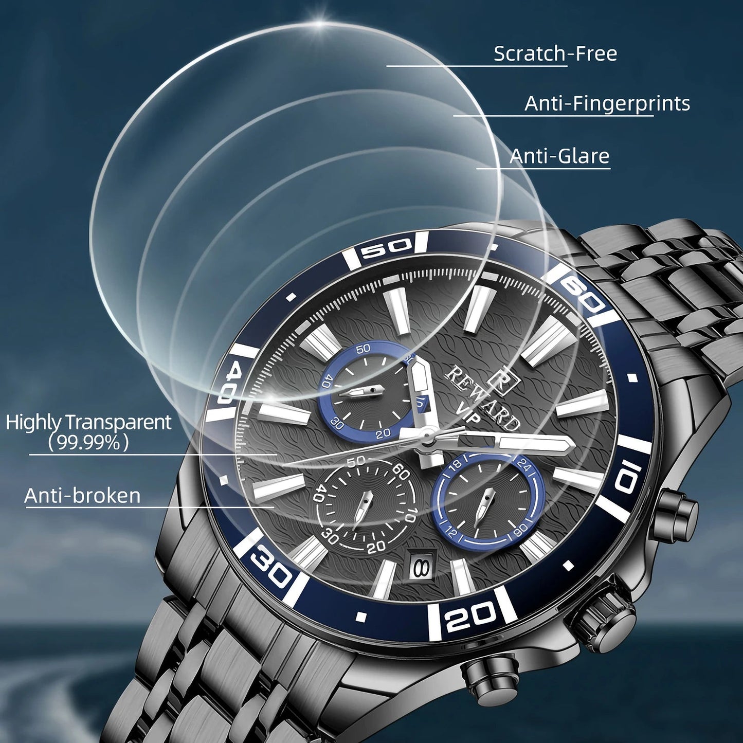 REWARD Mens Watches Waterproof  Luminous Quartz Wristwatch Business Stainless Steel Strap with gift box SK Accessories