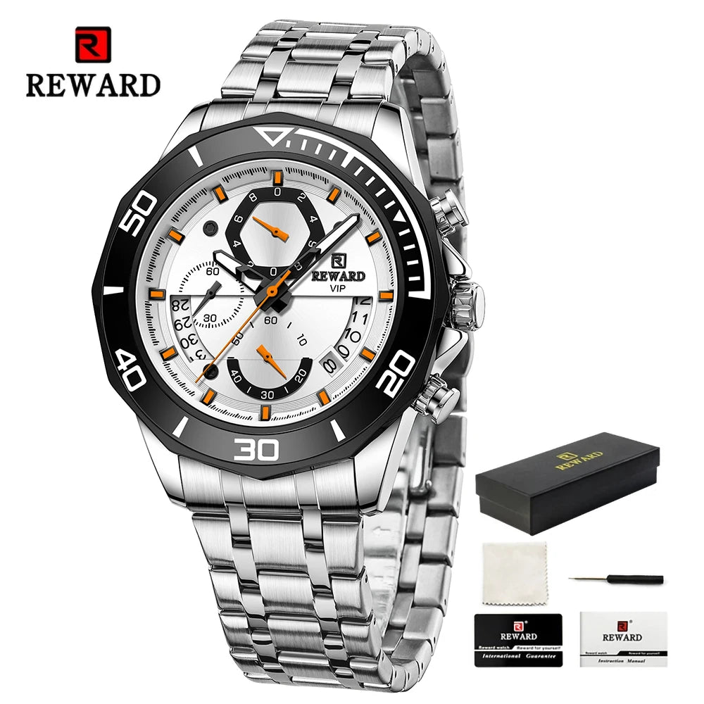 REWARD Mens Watches Fashion Business Stainless Steel Wristwatch Waterproof Luminous Chronograph Calendar Quartz Watches SK Accessories