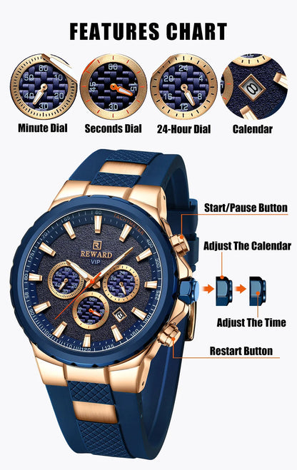 REWARD new fashion men's watch silicone strap chronograph 3bar waterproof sport quartz watch for men SK Accessories