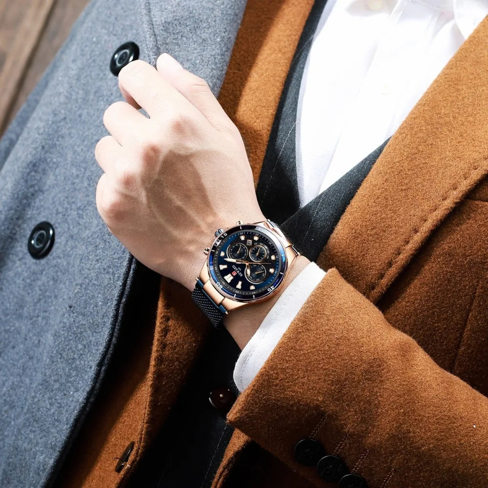 REWARD Casual Sport Chronograph Men's Watches Top Brand Stainless Steel Mesh Belt Quartz Wristwatches Men Waterproof Date Watch SK Accessories