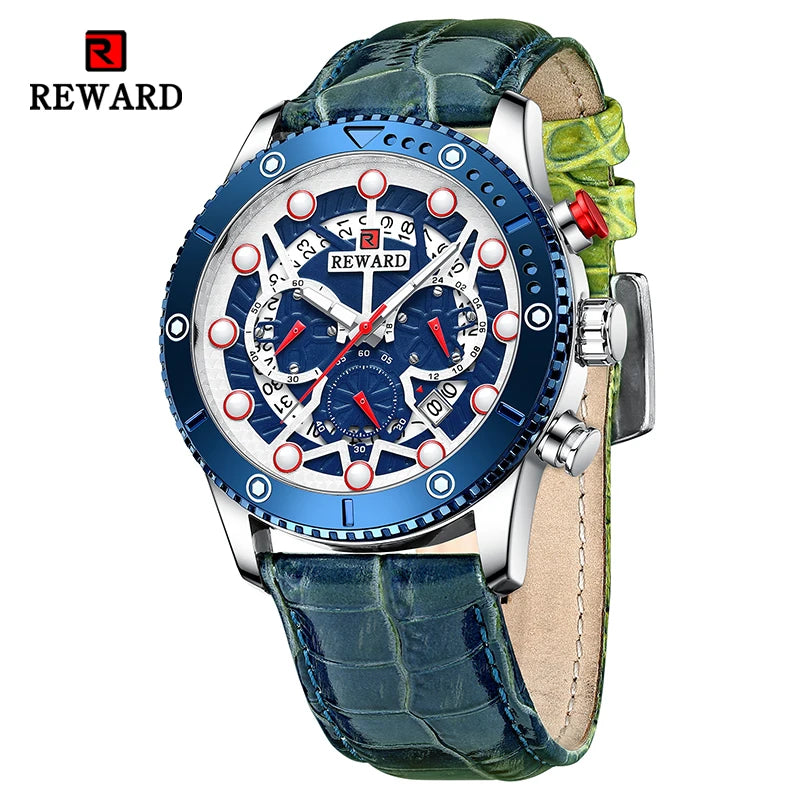 REWARD Fashion Men's Quartz Wristwatch Sport Waterpoof Genuine Leather Alloy Watches Chronograph Luminous Man Wrist Watches SK Accessories
