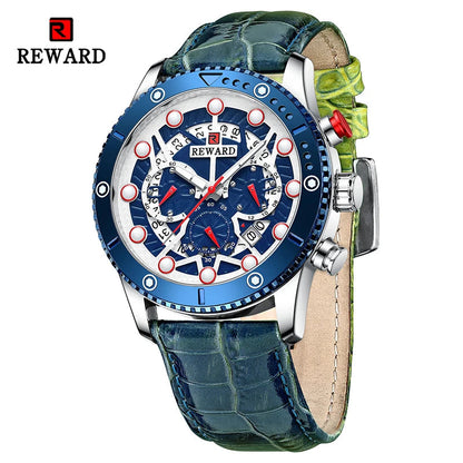 REWARD Fashion Men's Quartz Wristwatch Sport Waterpoof Genuine Leather Alloy Watches Chronograph Luminous Man Wrist Watches SK Accessories