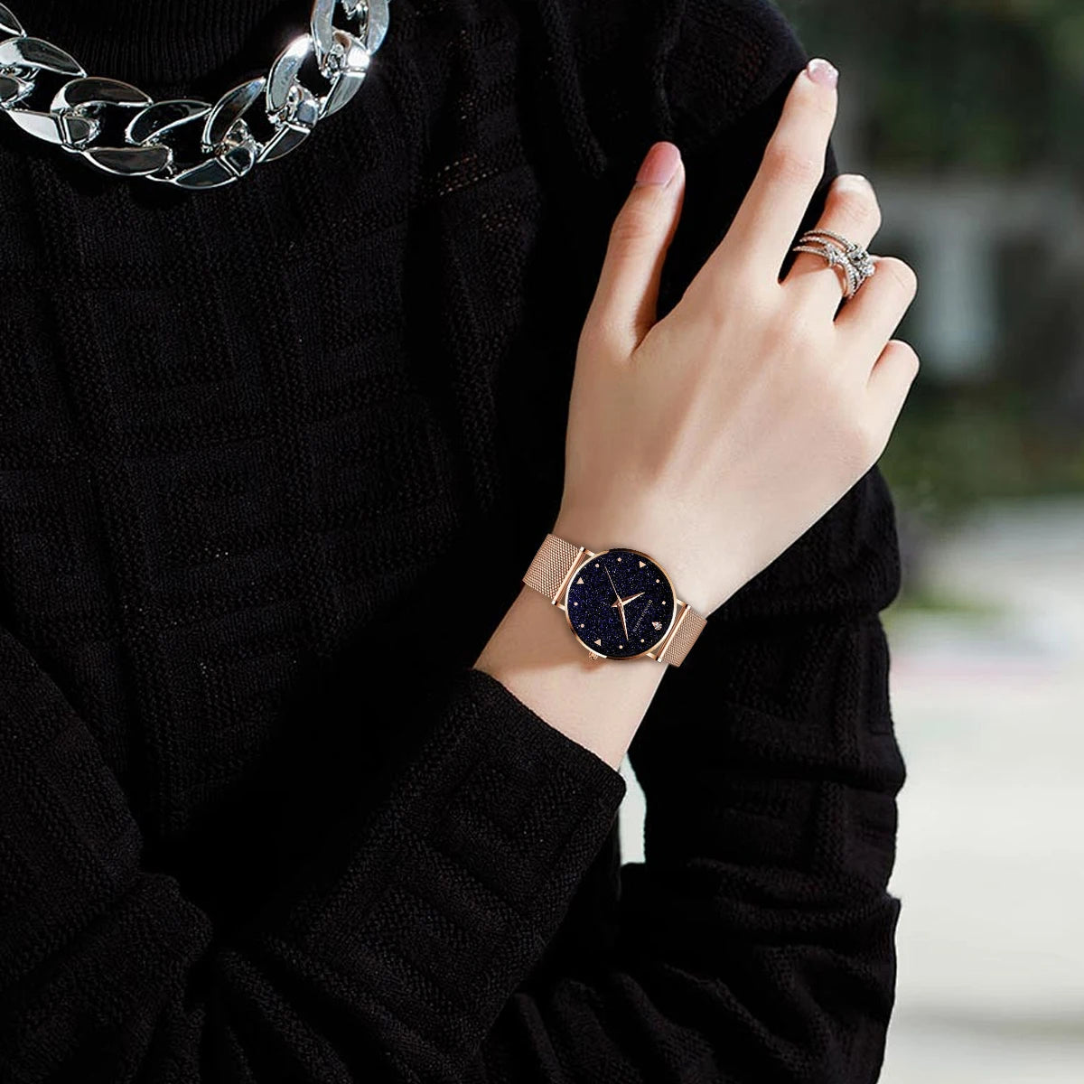 Luxury Women Watch With Fashionable Frosted Dial Japanese Movement Rhinestone Rose Gold Stainless Steel Mesh Strap Women's Watch SK Accessories