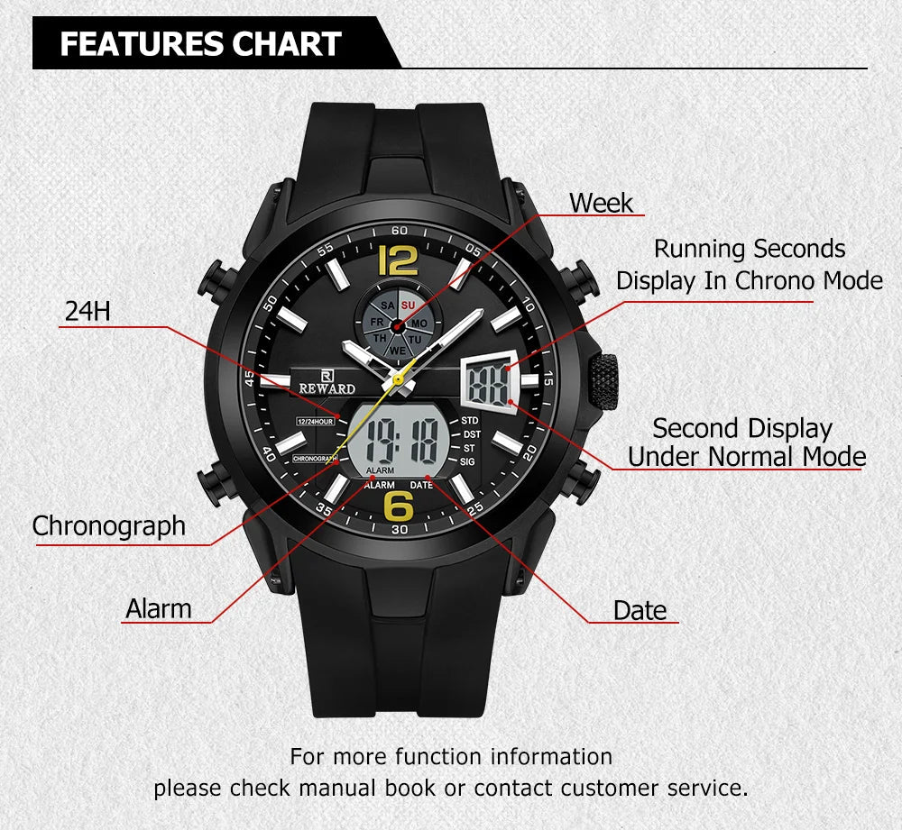 REWARD digital men quartz watch multi function date stopwatch silicone strap waterproof fashion sport digital watches man SK Accessories