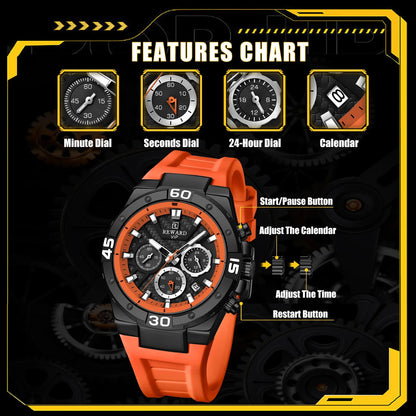 REWARD Fashion Mens Watches Quartz Analog Silicone Strap Wrist Watch Date Waterproof Luminous Chronograph Casual Watches for Men SK Accessories