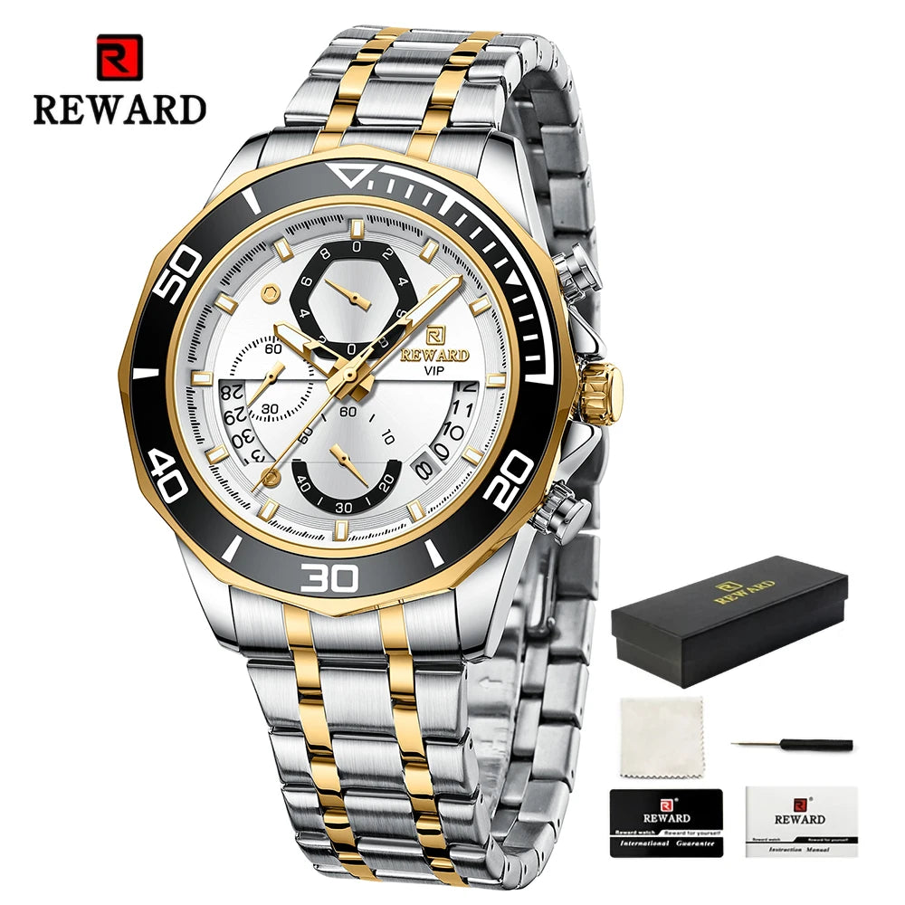 REWARD Mens Watches Fashion Business Stainless Steel Wristwatch Waterproof Luminous Chronograph Calendar Quartz Watches SK Accessories