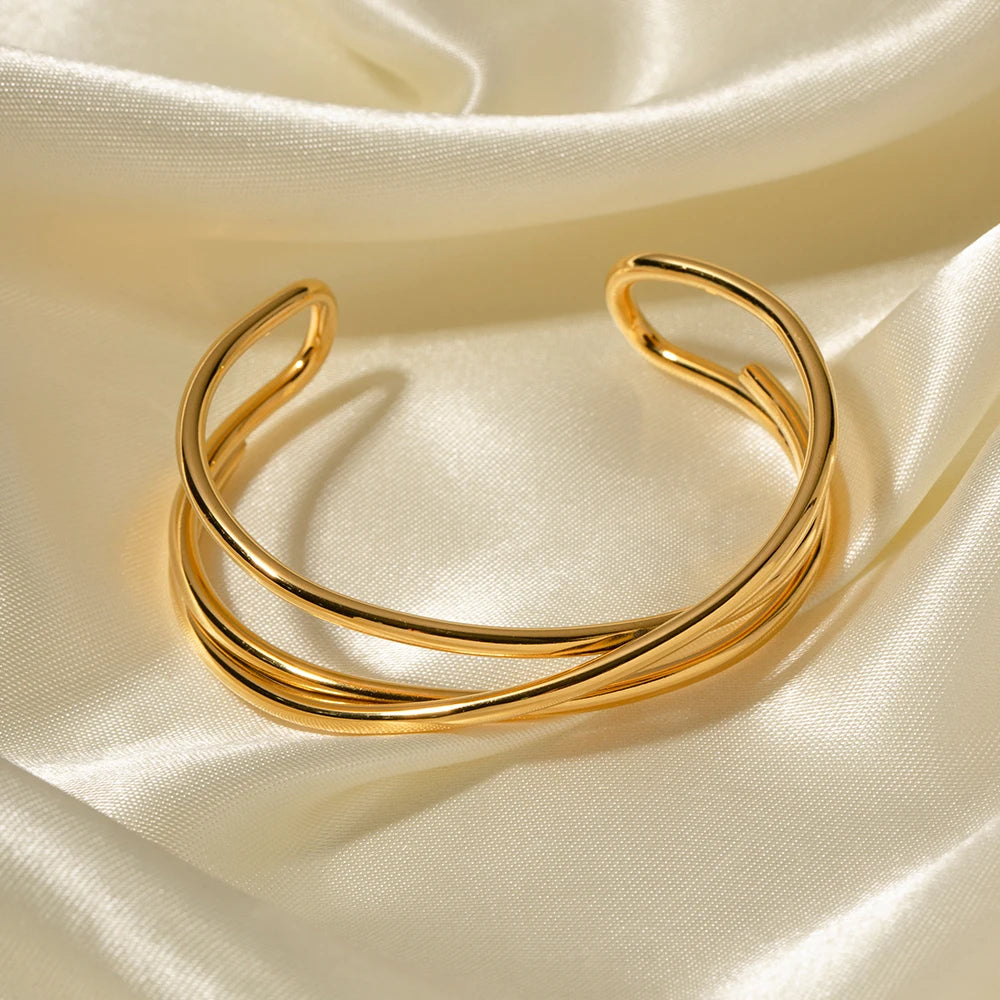 Uworld Stainless Steel Statement Gold Color Cuff Bracelet Bangle Metal Texture Multi-Layer Temperament Fashion Waterproof Jewelr SK Accessories