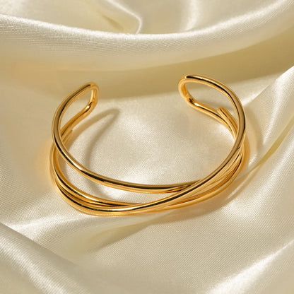 Uworld Stainless Steel Statement Gold Color Cuff Bracelet Bangle Metal Texture Multi-Layer Temperament Fashion Waterproof Jewelr SK Accessories