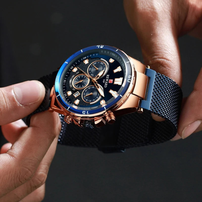 REWARD Casual Sport Chronograph Men's Watches Top Brand Stainless Steel Mesh Belt Quartz Wristwatches Men Waterproof Date Watch SK Accessories