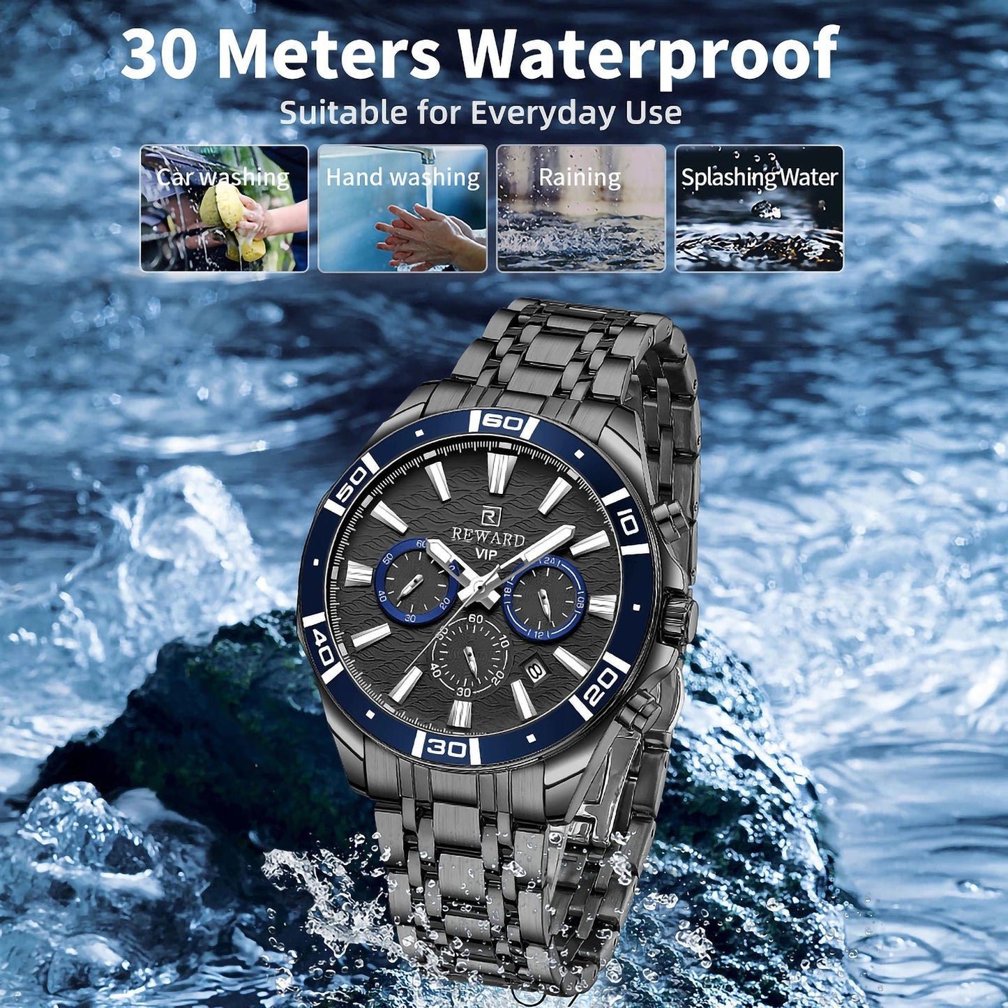 REWARD Mens Watches Waterproof  Luminous Quartz Wristwatch Business Stainless Steel Strap with gift box SK Accessories