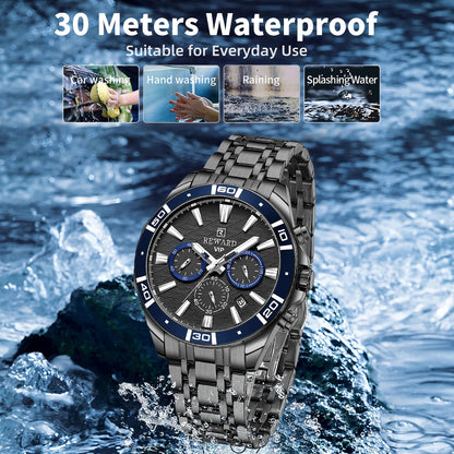 REWARD Mens Watches Waterproof  Luminous Quartz Wristwatch Business Stainless Steel Strap with gift box SK Accessories